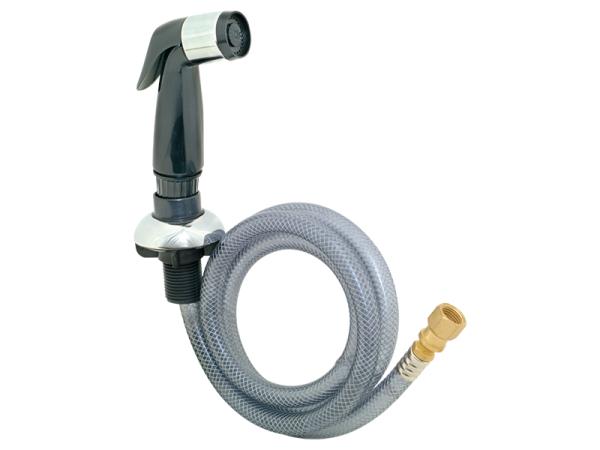 Kitchen faucet sprayer with gray braided hose and brass connector attachment.