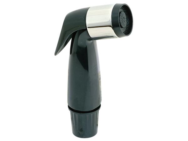 Handheld kitchen faucet sprayer with chrome and dark gray body and flexible trigger handle.