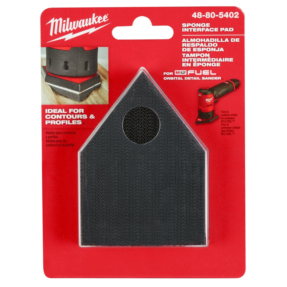 Black sponge interface pad with pointed house shape and circular center hole for M12 FUEL orbital detail sander.