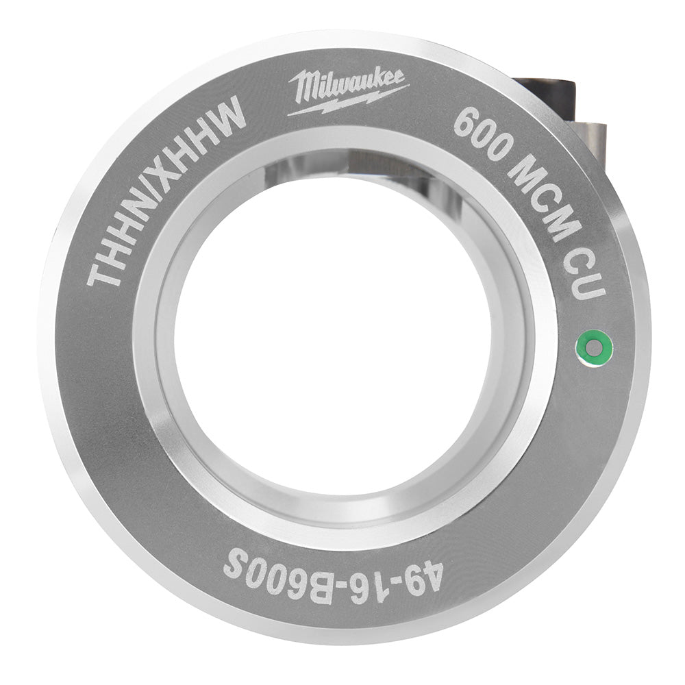 Milwaukee 600 MCM CU THHN/XHHW-2 bushing with gray and white circular design and green indicator dot.