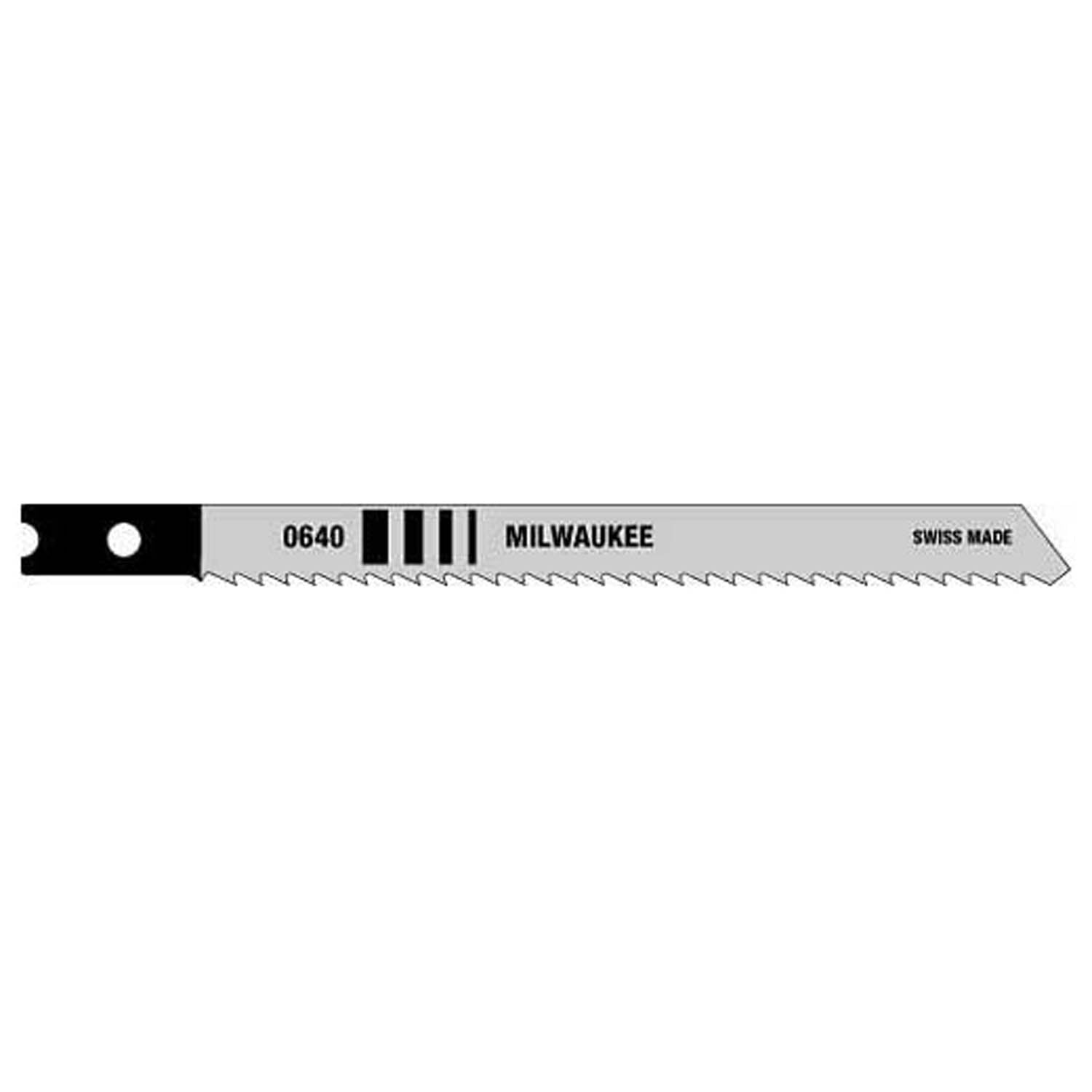 Milwaukee 0640 jig saw blade with fine teeth and mounting pin on black handle section.