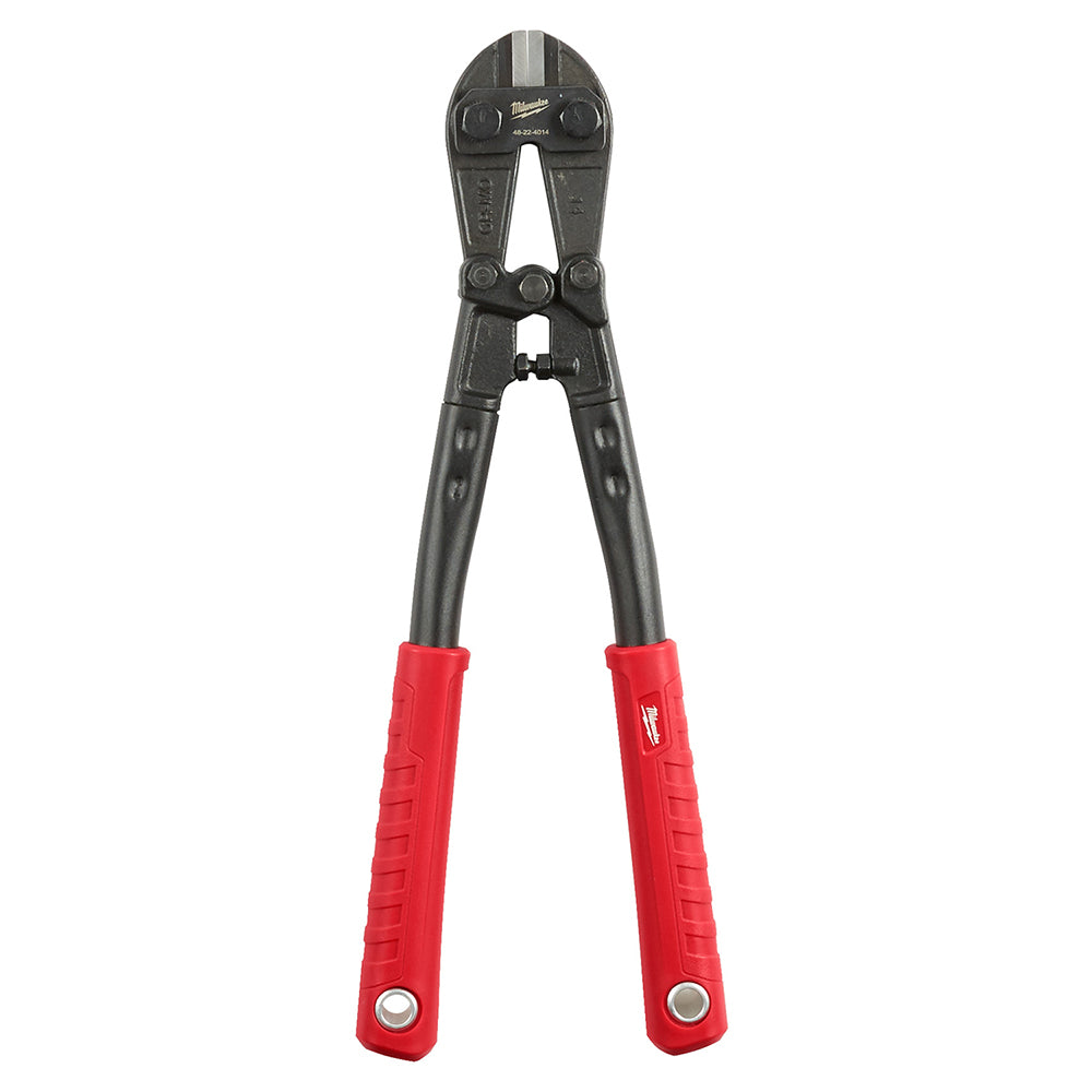 Black and gray bolt cutter with red handles and metal cutting head, approximately 14 inches long.