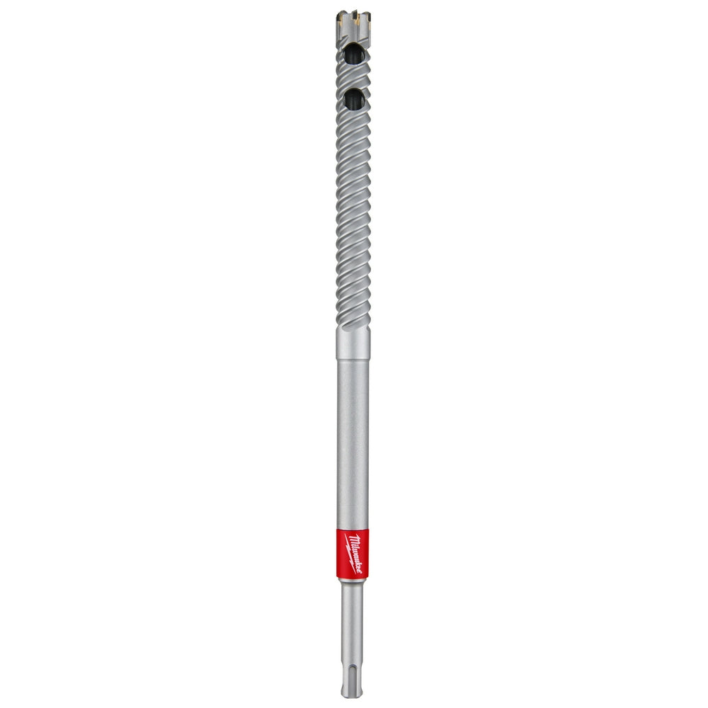 Milwaukee SDS Plus rebar cutter bit with spiraled flutes, red band near chuck end, and cutting head at top.