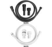 Coiled nylon reinforced hoses with metal connectors displayed in matte black and white finish options.