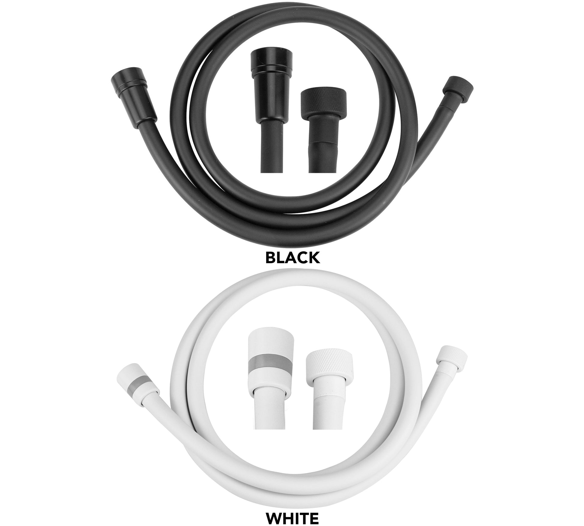 White nylon reinforced hose with threaded connectors and interchangeable spray head attachments.