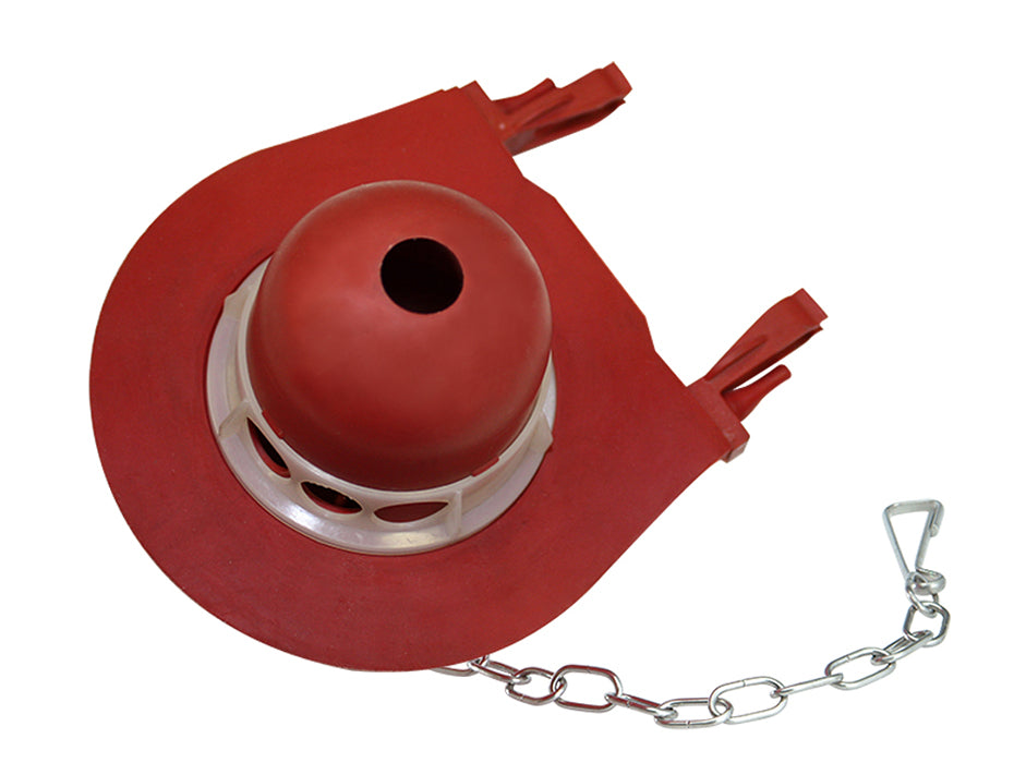 Red adjustable flapper with metal ring band and attached chain with carabiner clip.