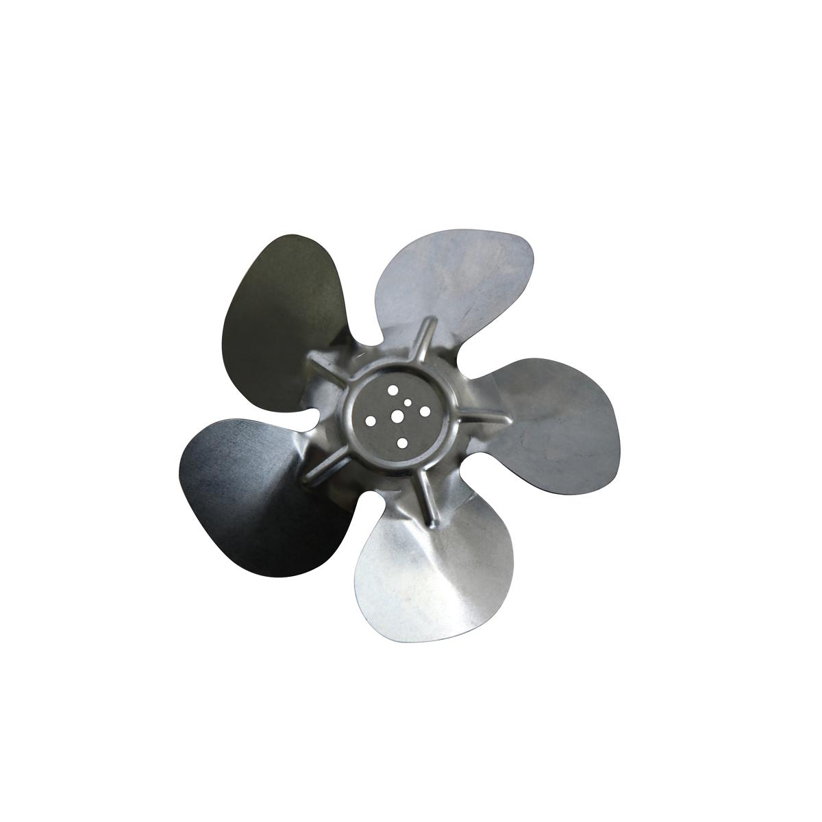 Elkay Blade fan with 8-inch diameter, four metal blades in clockwise rotation, center hub with mounting holes.