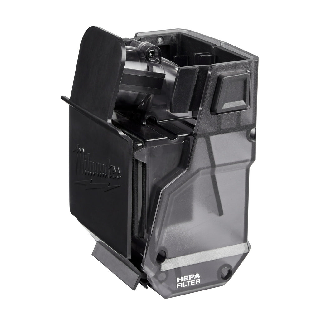Black and gray dust collection box with HEPA filter, cylindrical filter cartridge, hinged lid, and mounting bracket for M18 p