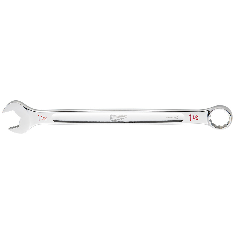 Silver Milwaukee 1-1/2" combination wrench with open end on left and ring end on right.