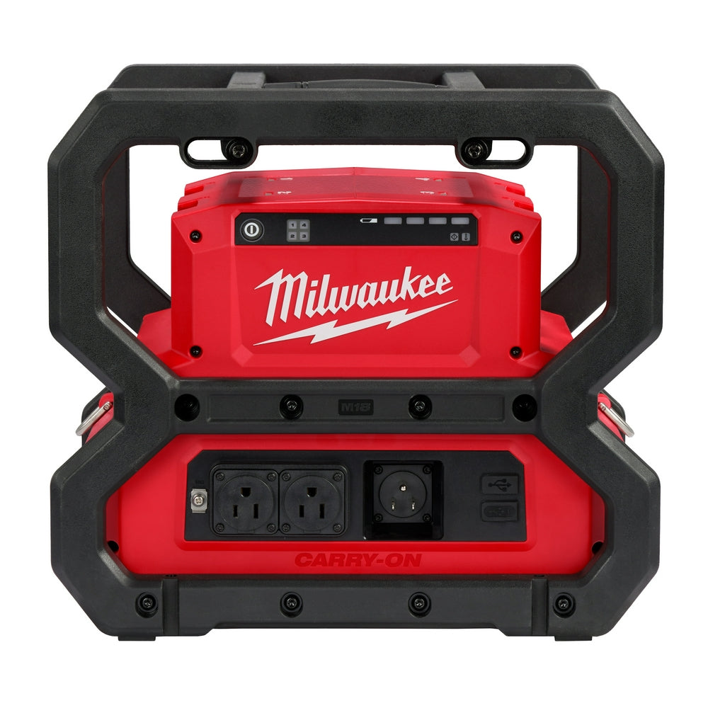 Milwaukee M18 CARRY-ON power supply with red housing, black frame, digital display, and multiple outlet ports.