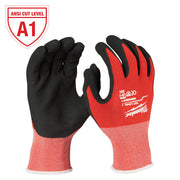 Red and black nitrile dipped work gloves with ANSI A1 cut protection rating displayed on both palm and back views.