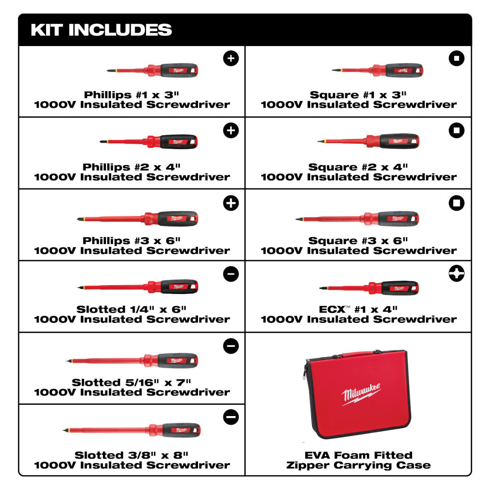 Ten 1000V insulated screwdrivers with red handles and black grips, plus red EVA foam case with zipper.