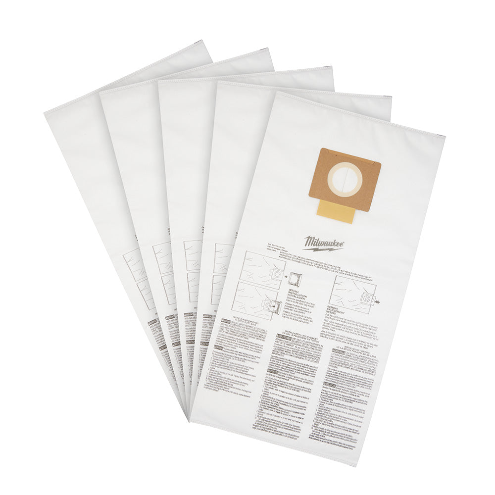Five white fleece dust bags with tan cardboard collars and printed instruction text on lower sections.