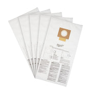 Five white fleece dust bags with tan cardboard collars and printed instruction text on lower sections.