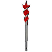 Red and gray 1/2 inch wood auger bit with spiral flutes and pointed tip for drilling.