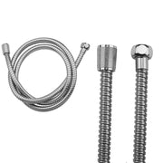 Coiled stainless steel hose with metal connectors and two straight hose segments with textured grips and threaded ends.