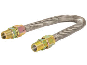 Stainless steel corrugated gas connector with brass male inlet and outlet fittings, 36 inches long.