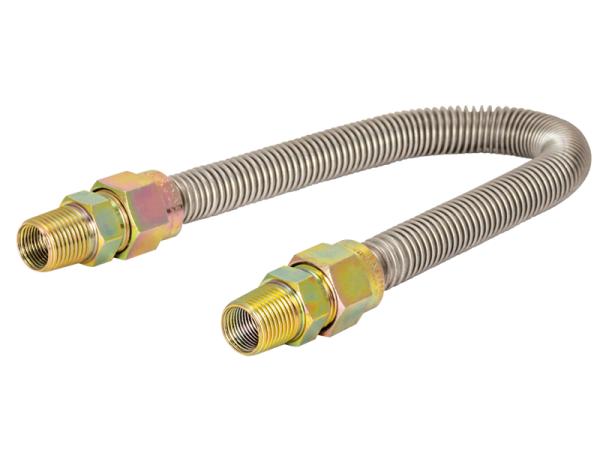 Stainless steel gas connector with brass fittings on both ends, flexible corrugated tubing, 24 inches long.
