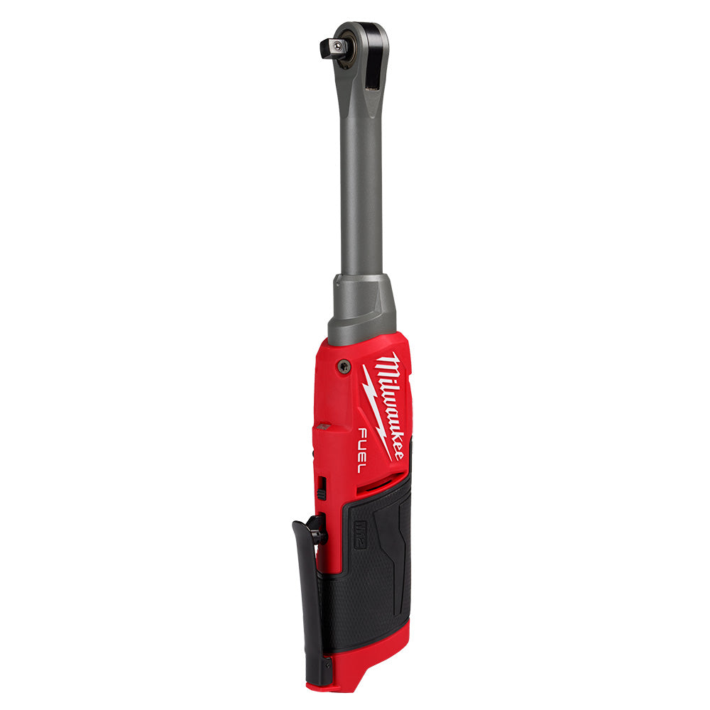 Milwaukee M12 FUEL cordless ratchet with extended reach shaft, red and black body, 3/8" drive head.