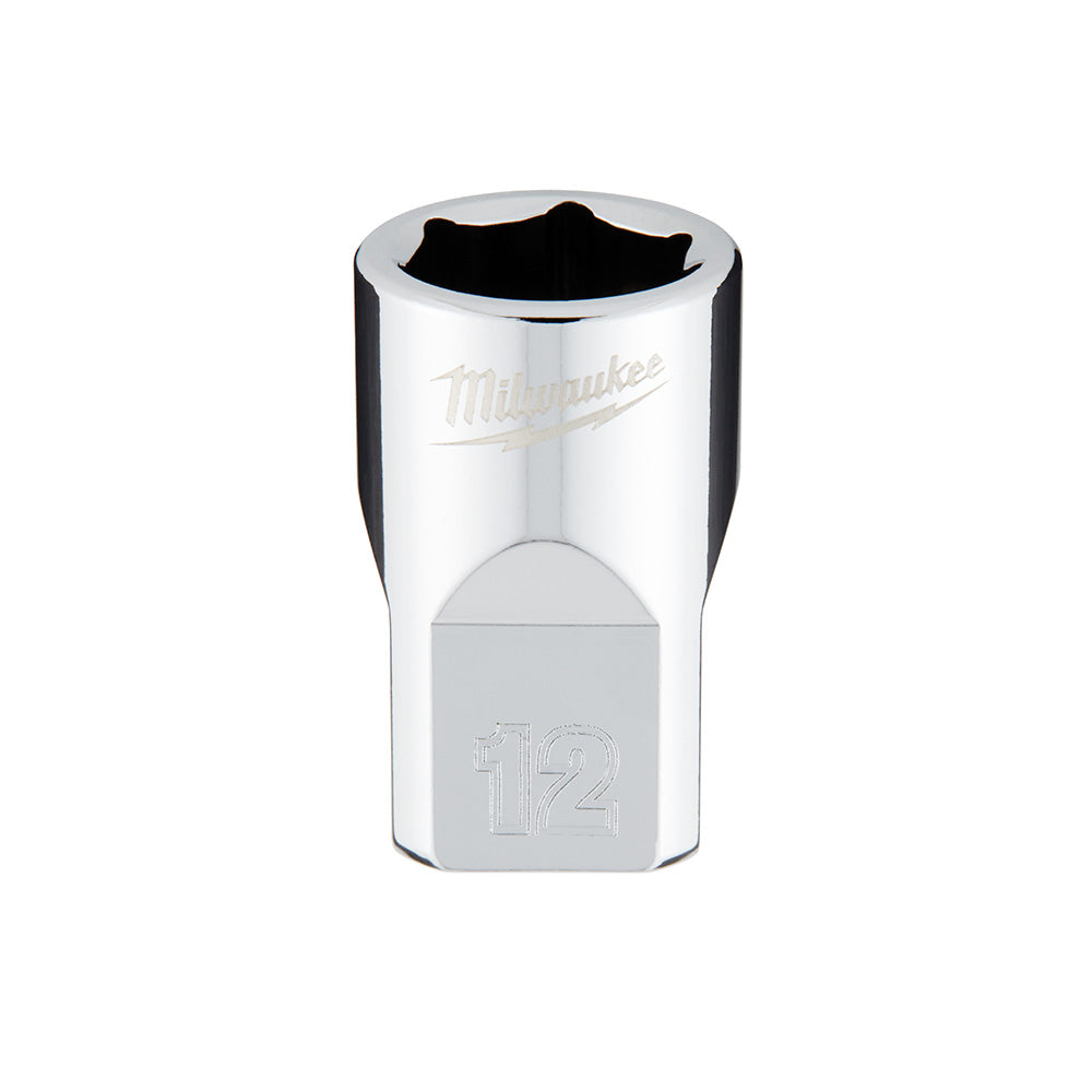 Milwaukee 3/8 in. drive 12mm metric 6-point socket with chrome finish and black grip band.