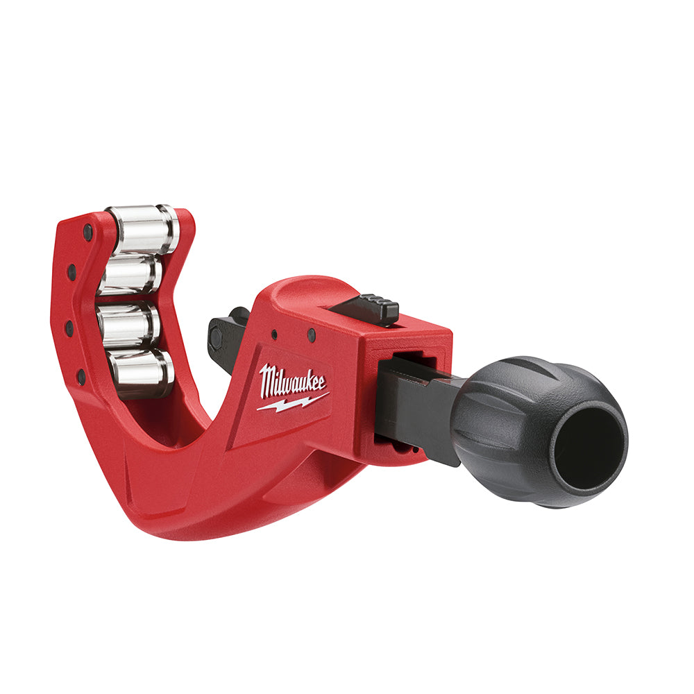 Red and black Milwaukee tubing cutter with four metal rollers on left side and black knob adjustment handle on right.