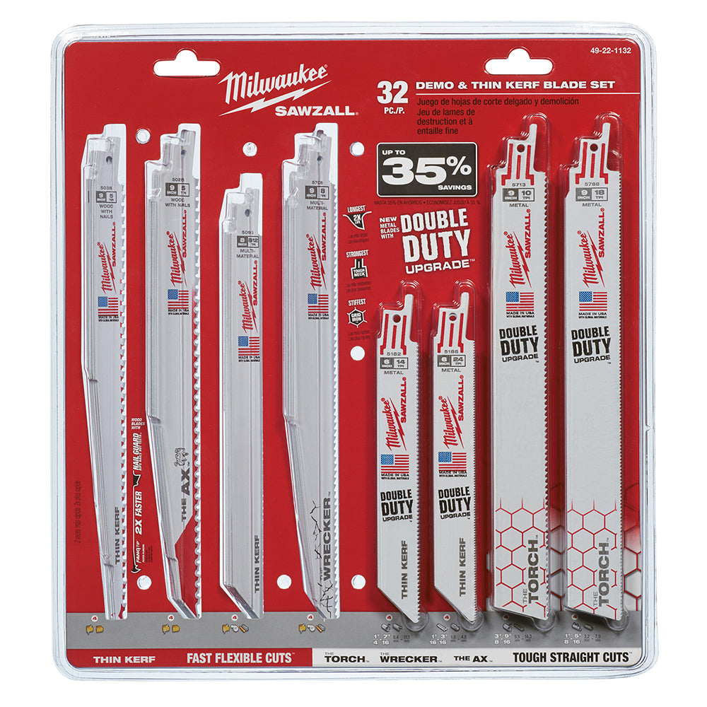 Milwaukee 49-22-1132 32-piece SAWZALL blade kit with various thin kerf and straight cut blades on red backing card.