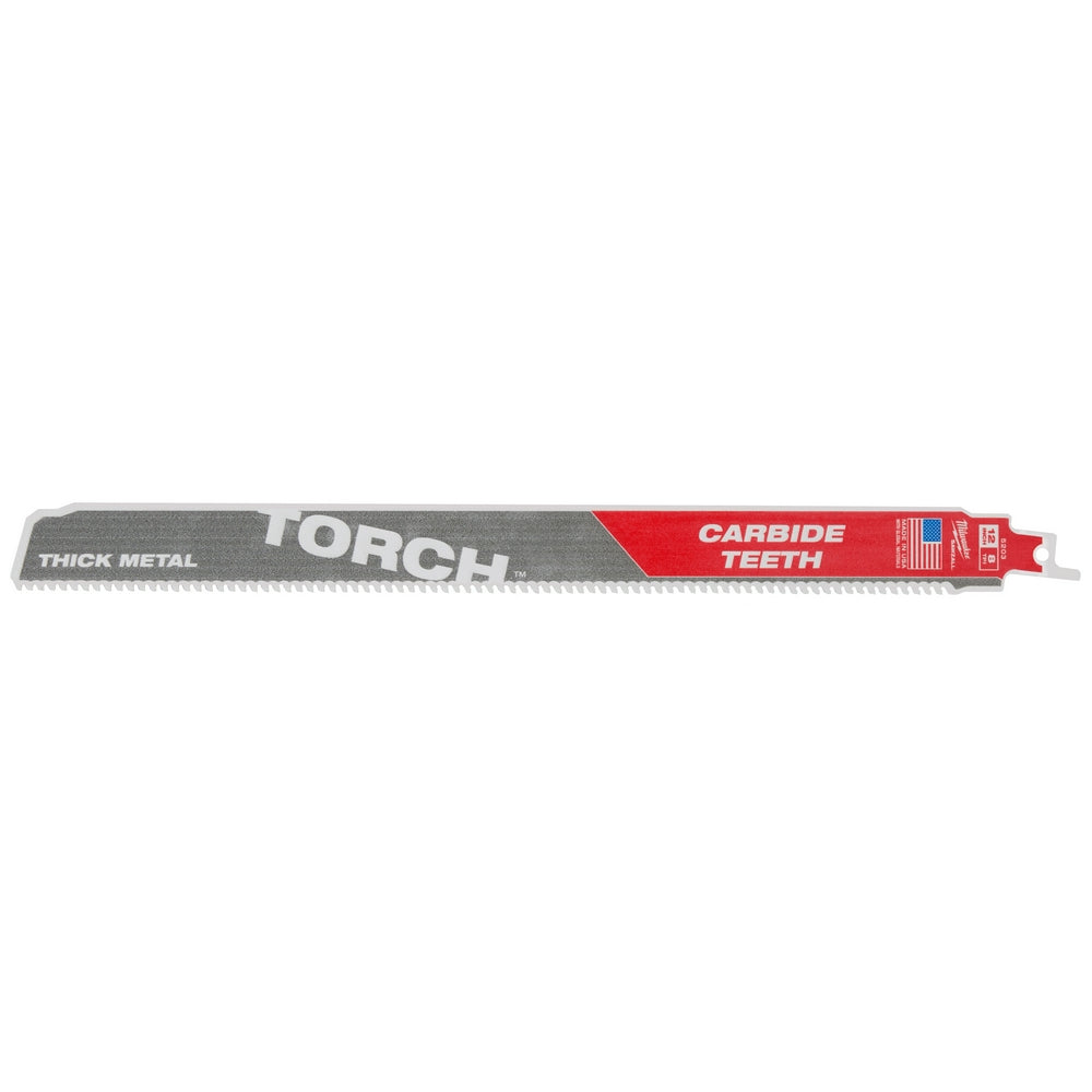 Milwaukee TORCH 12" reciprocating saw blade with carbide teeth and red band, labeled for thick metal cutting.