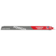 Milwaukee TORCH 12" reciprocating saw blade with carbide teeth and red band, labeled for thick metal cutting.