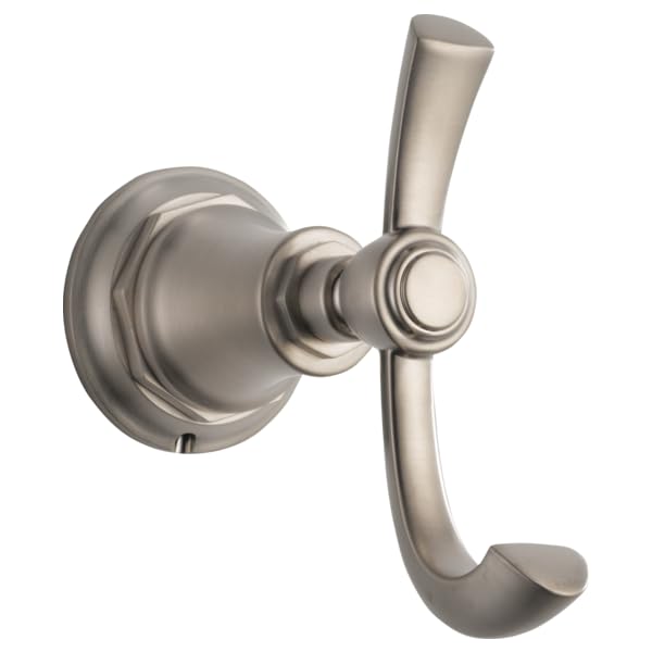Brushed nickel wall-mounted double robe hook with circular backplate and two curved arms.