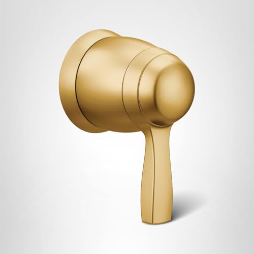 Brushed gold volume control valve trim with round knob and rectangular handle lever.
