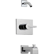 Chrome single-lever tub and shower trim with square escutcheon, lever handle, and curved spout.