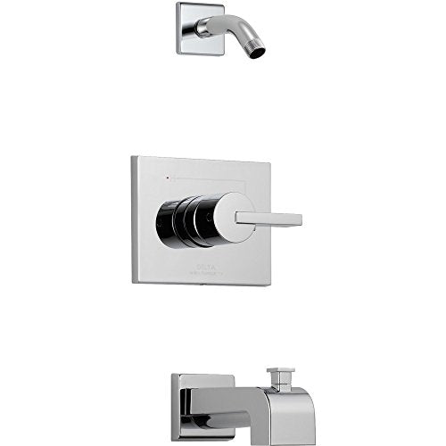 Chrome single-lever tub and shower trim with square escutcheon, lever handle, and curved spout.