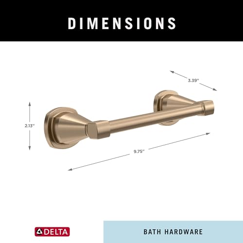 Delta Stryke tissue holder in champagne bronze with dimensions showing 9.75" length, 5.39" width, and 2.13" height.
