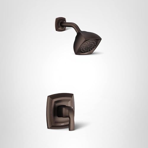 Oil rubbed bronze shower trim kit with square showerhead and single lever handle on white background.