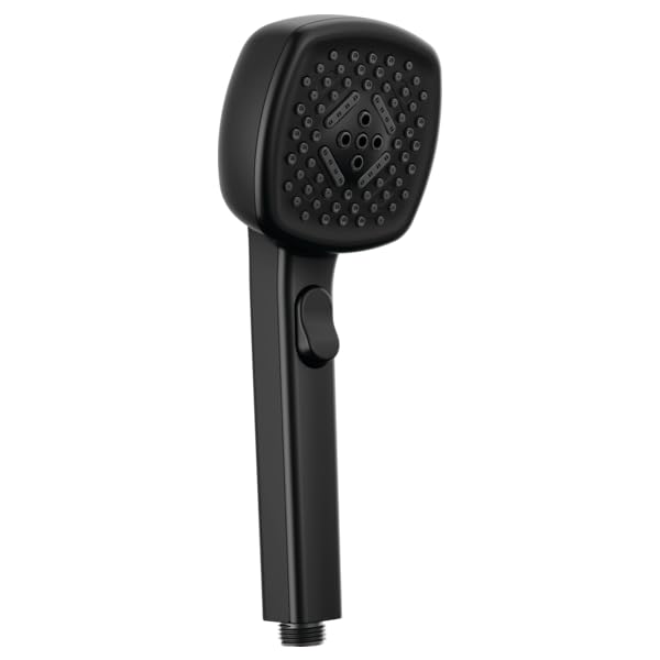 Black handheld showerhead with square face, multiple spray holes, and trigger button on handle.