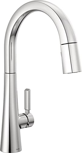 Chrome single-handle pull-down kitchen faucet with curved spout and spray head.