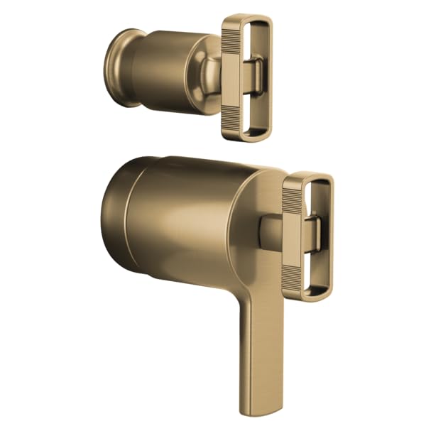 Brushed gold thermostatic valve with diverter and two rectangular knob handles, one smaller upper control and one larger lowe