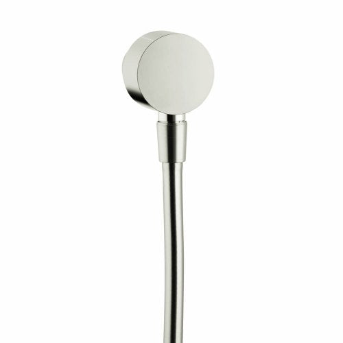 Brushed nickel wall outlet with spherical handle and chrome stem for shower hose connection.