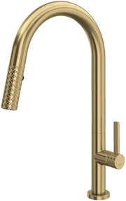 Antique gold pull-down kitchen faucet with curved C-spout and textured grip handle.