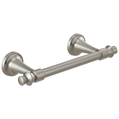 Brushed nickel pivoting tissue holder with circular wall mounts and cylindrical bar design.