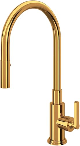Gold pull-down kitchen faucet with arched spout and single lever handle.
