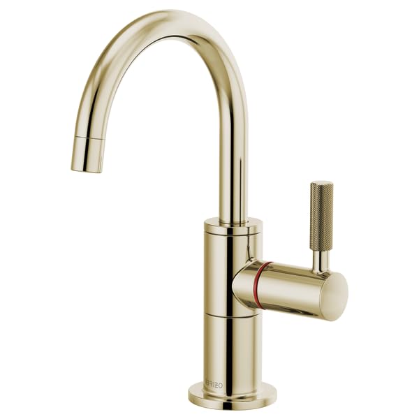 Polished nickel instant hot faucet with high arc spout and cylindrical knurled handle on right side.