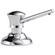 Chrome soap and lotion dispenser with angled pump spout and rounded dome base.