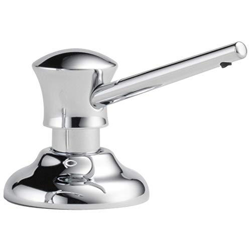 Chrome soap and lotion dispenser with angled pump spout and rounded dome base.