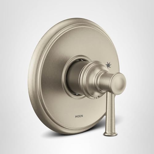 Brushed nickel single-handle shower trim kit with circular escutcheon plate and lever handle.