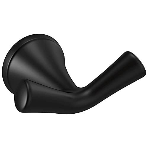 Black curved robe hook with round wall-mounted backplate and angled hook arm.
