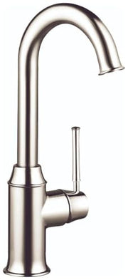 Polished nickel bar faucet with curved spout and single lever handle.