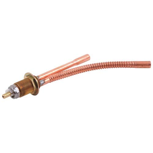 Copper end valve assembly with brass fitting, corrugated tubing, and threaded connector.