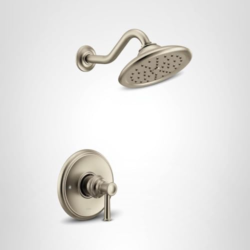 Brushed nickel shower trim kit with single lever handle and rainfall showerhead with curved arm.
