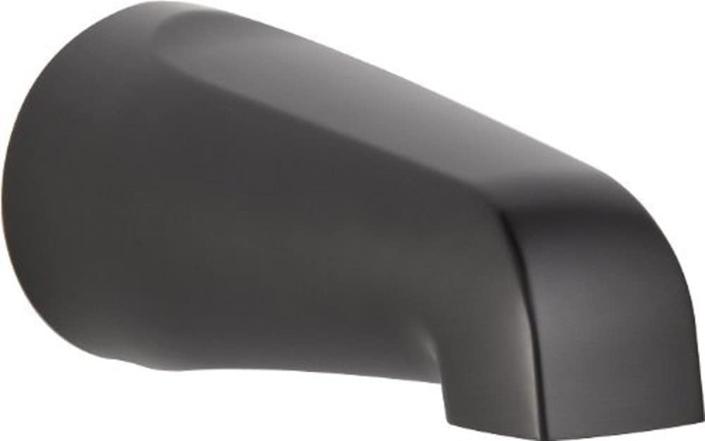 Oil rubbed bronze curved tub spout with rounded end and angled discharge opening.